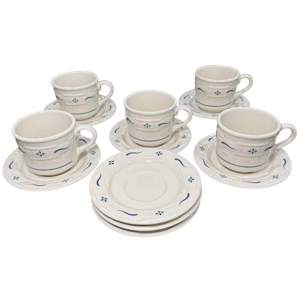 Longaberger Pottery Blue Woven Traditions Coffee Tea Cups & Saucers - 13 Piece